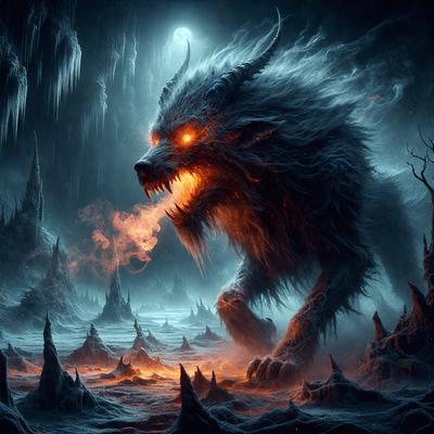 The primary subject of the image is a large, fire-breathing creature with a wolf-like appearance. It is standing in a dark, cave-like environment, with a moon visible in the background. The visual style of the image is digital art, and the dominant colors are dark and red, creating a moody and intense atmosphere.